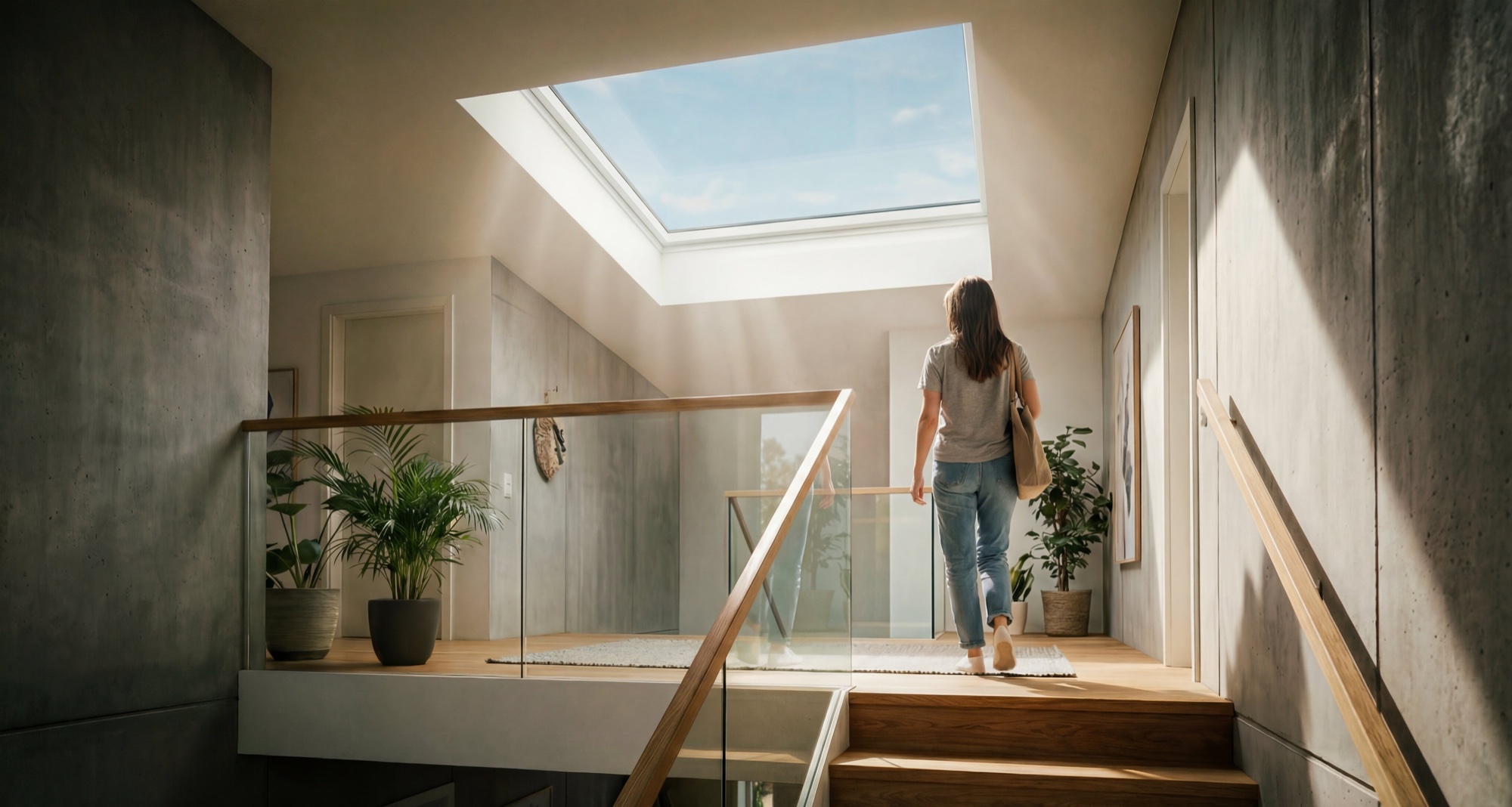 Daglicht door een platdakraam boven een overloop
