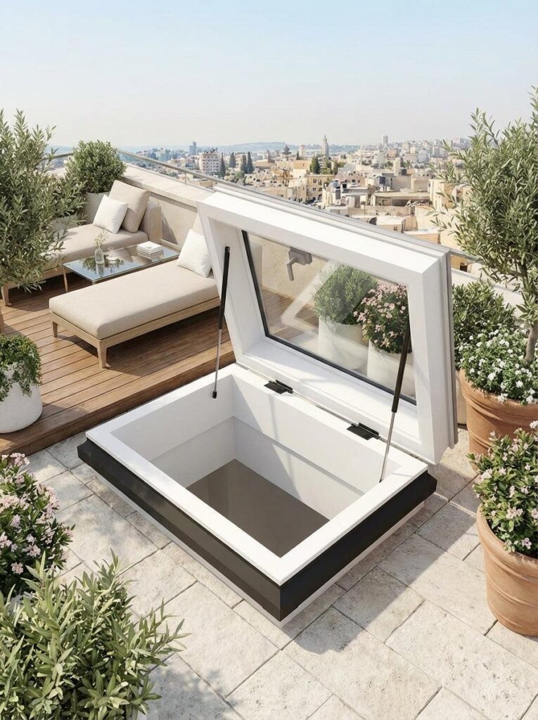 Skylux daktoegang met glas: iWindow platdakraam als dakluik