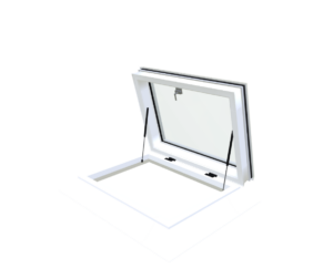 Skylux opengaande pvc-opstand 16/20 EP met manuele daktoegan – 3D-weergave Skylux opengaande pvc-opstand 16/20 EP met manuele daktoegan – 3D-weergave