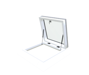Skylux opengaande pvc-opstand 16/20 EP met manuele daktoegan – 3D-weergave Skylux opengaande pvc-opstand 16/20 EP met manuele daktoegan – 3D-weergave